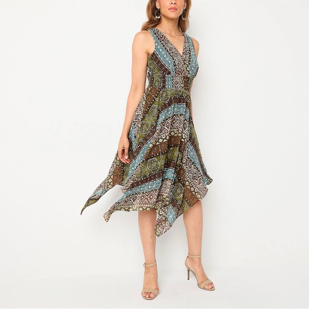 Rabbit Rabbit Rabbit Dress 90s Aztec Print Asymmetrical Midi – Size 18